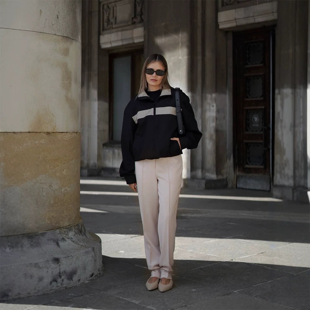 Damen Cropped Bomberjacke mit Kontraststreifen, Stehkragen und kastiger Silhouette Drune