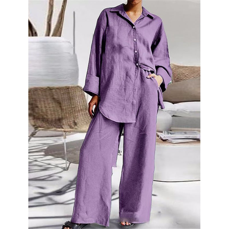 Damen Leinen-Lounge-Set mit weitem Hemd und Palazzo-Hose Drune