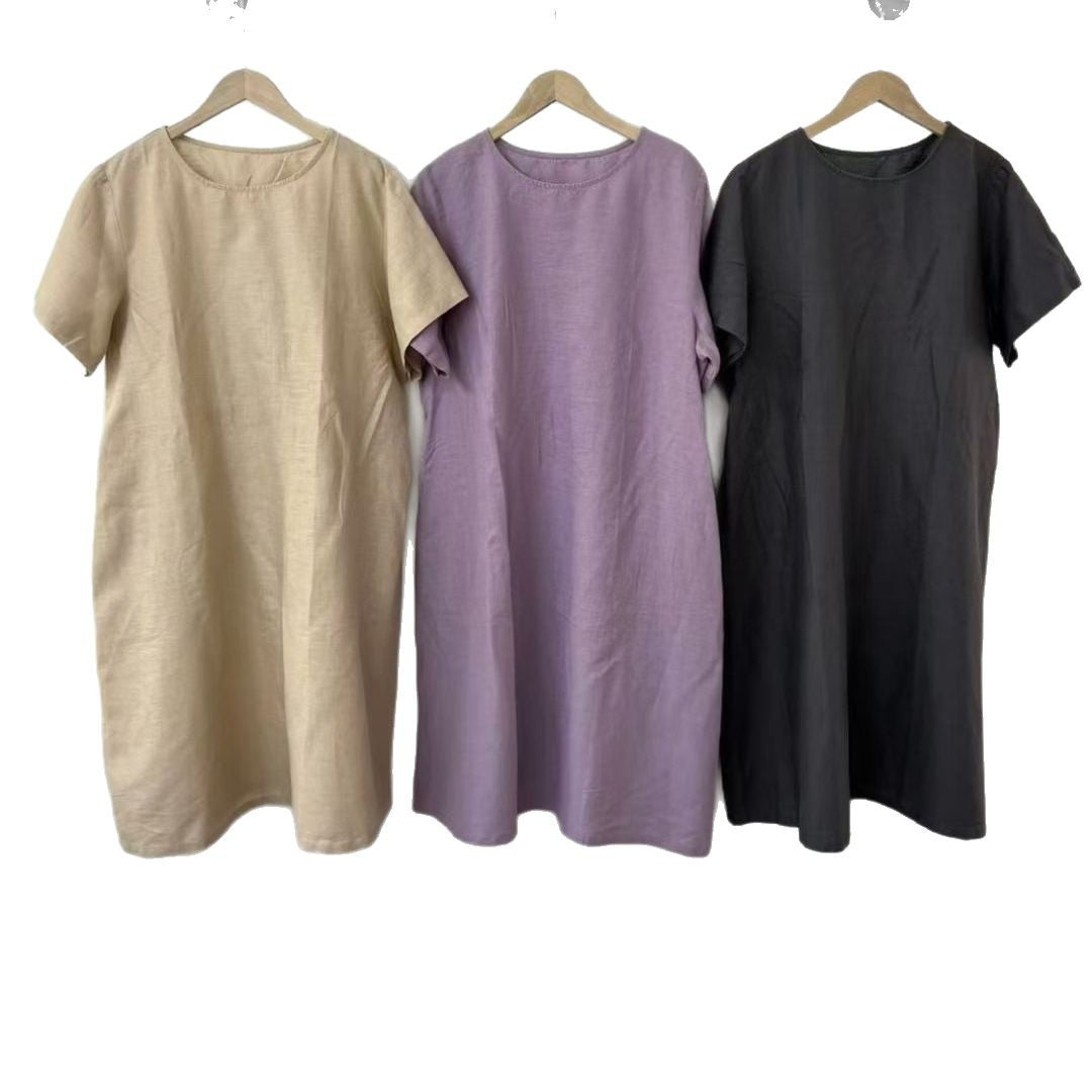 Damen Lässig Kurzarm Leinenkleid Drune