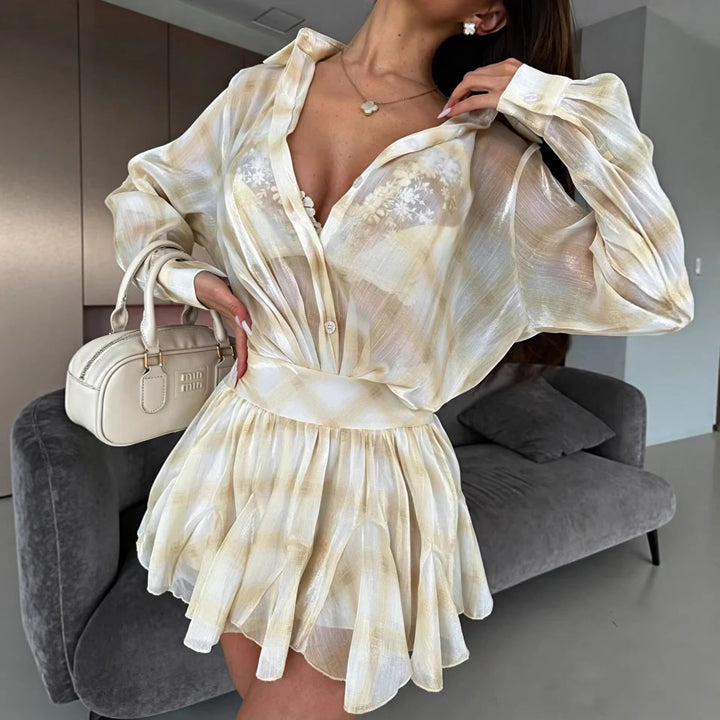 Damen elegantes Ensemble aus luftiger Bluse und gerafftem Rock