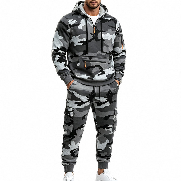 Herren Camouflage Kapuzensweatshirt- und Jogginghose Set mit Cargo-Taschen und Reißverschlüssen Drune