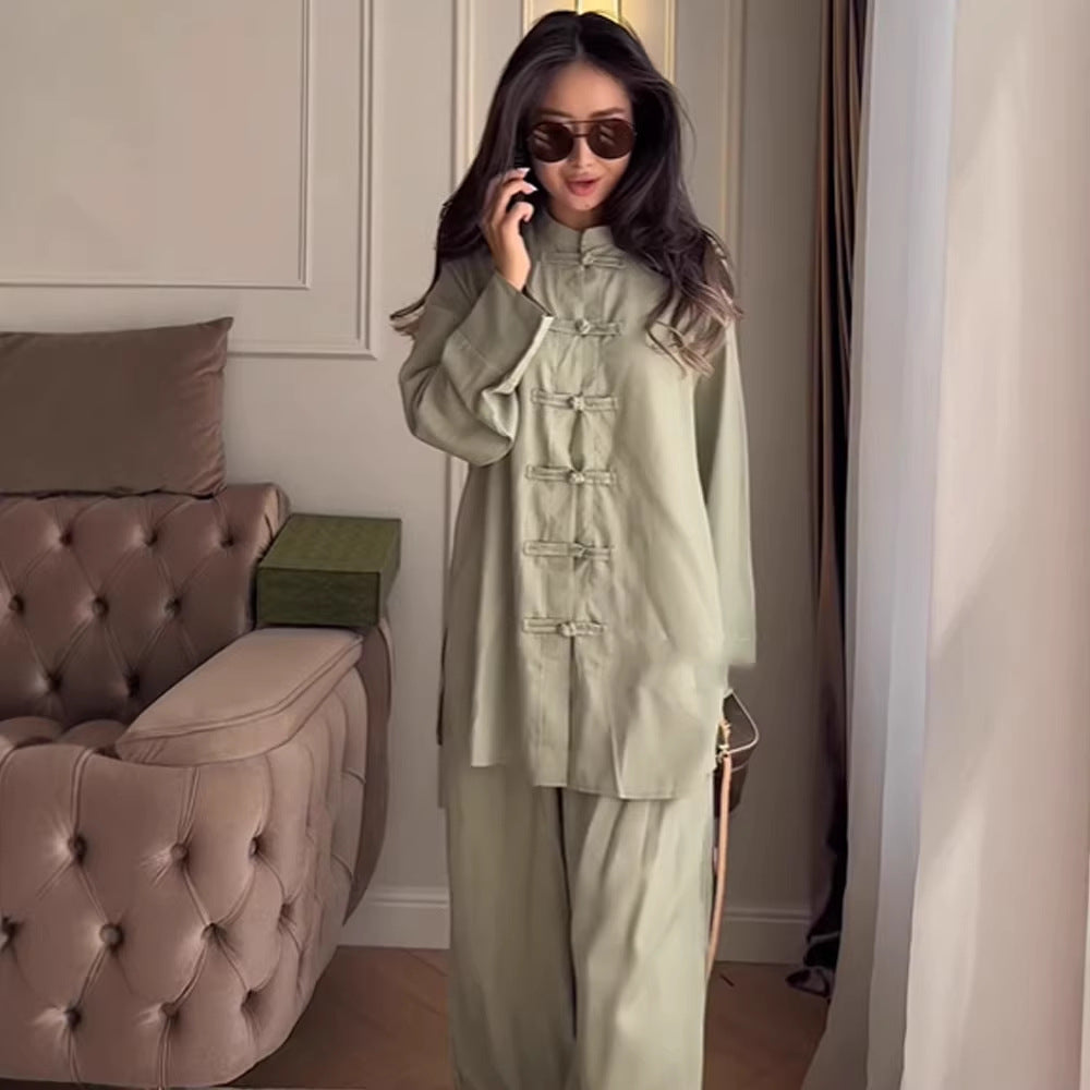 Damen Zweiteiliges Oversize Lounge‑Set mit Stehkragen und dekorativen Knotenverschlüssen Drune