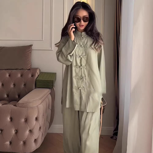 Damen Zweiteiliges Oversize Lounge‑Set mit Stehkragen und dekorativen Knotenverschlüssen Drune