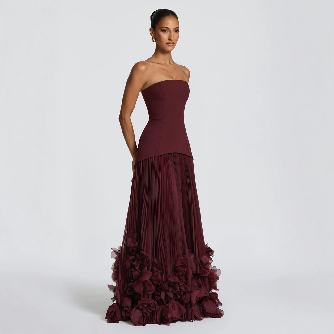 Damen trägerloses Maxikleid mit fließendem Rock und floralem Detail Drune