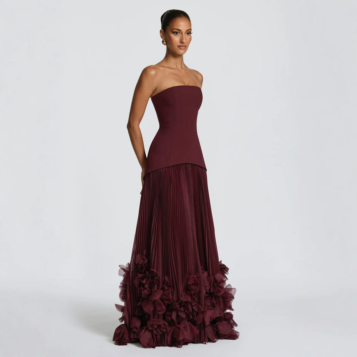 Damen trägerloses Maxikleid mit fließendem Rock und floralem Detail Drune