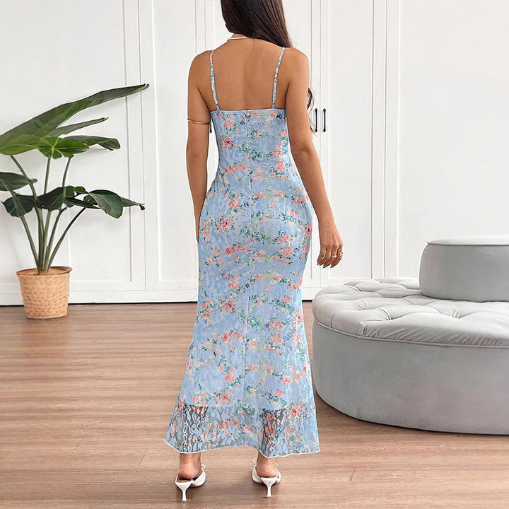 Damen Maxikleid mit feinem Blumenmuster und zarten Spagettiträgern Drune