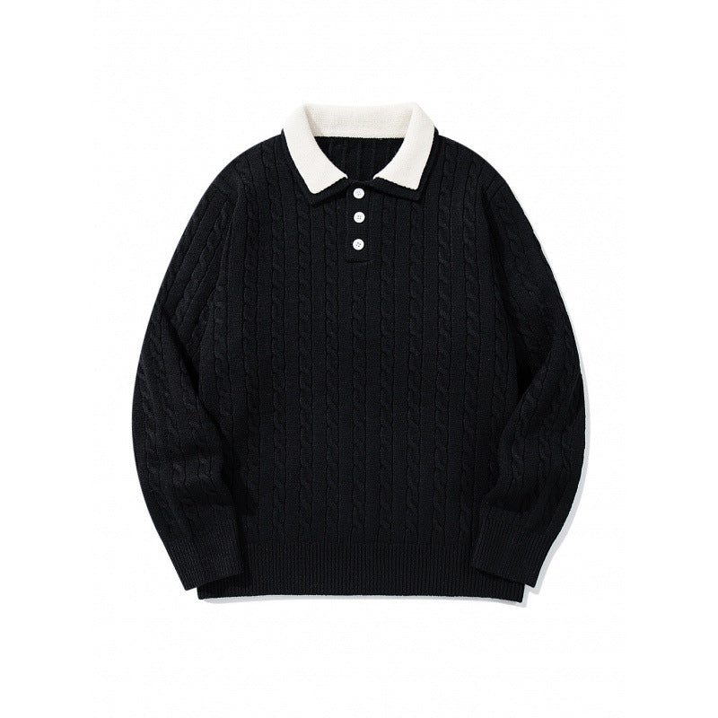 Herren Grobgestrickter Polokragen-Pullover mit Zopfmuster und Knopfleiste Drune