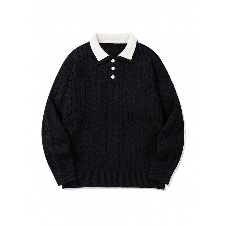 Herren Grobgestrickter Polokragen-Pullover mit Zopfmuster und Knopfleiste Drune