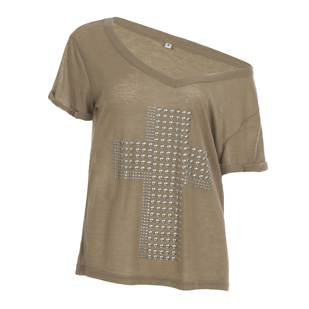 Damen V-Ausschnitt T-Shirt mit stilvollem Nieten-Dekor Drune