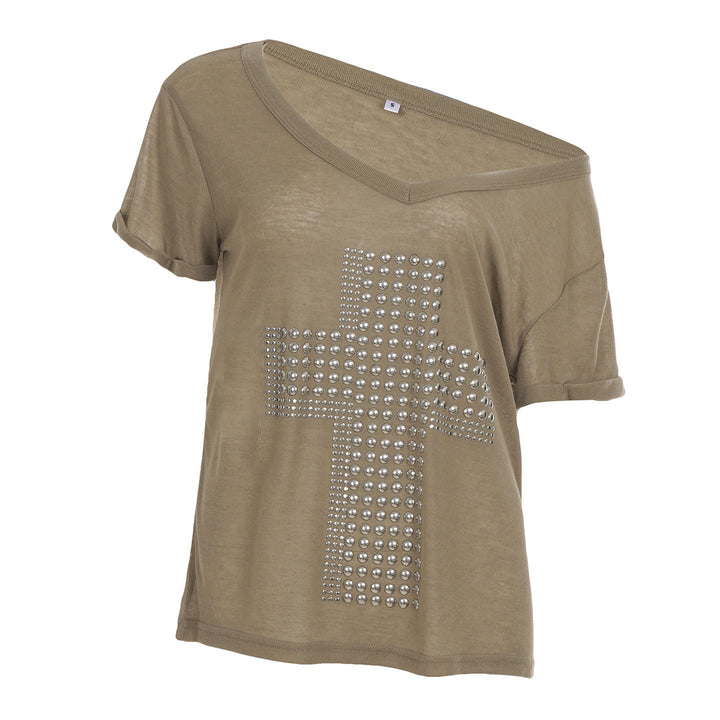 Damen V-Ausschnitt T-Shirt mit stilvollem Nieten-Dekor Drune