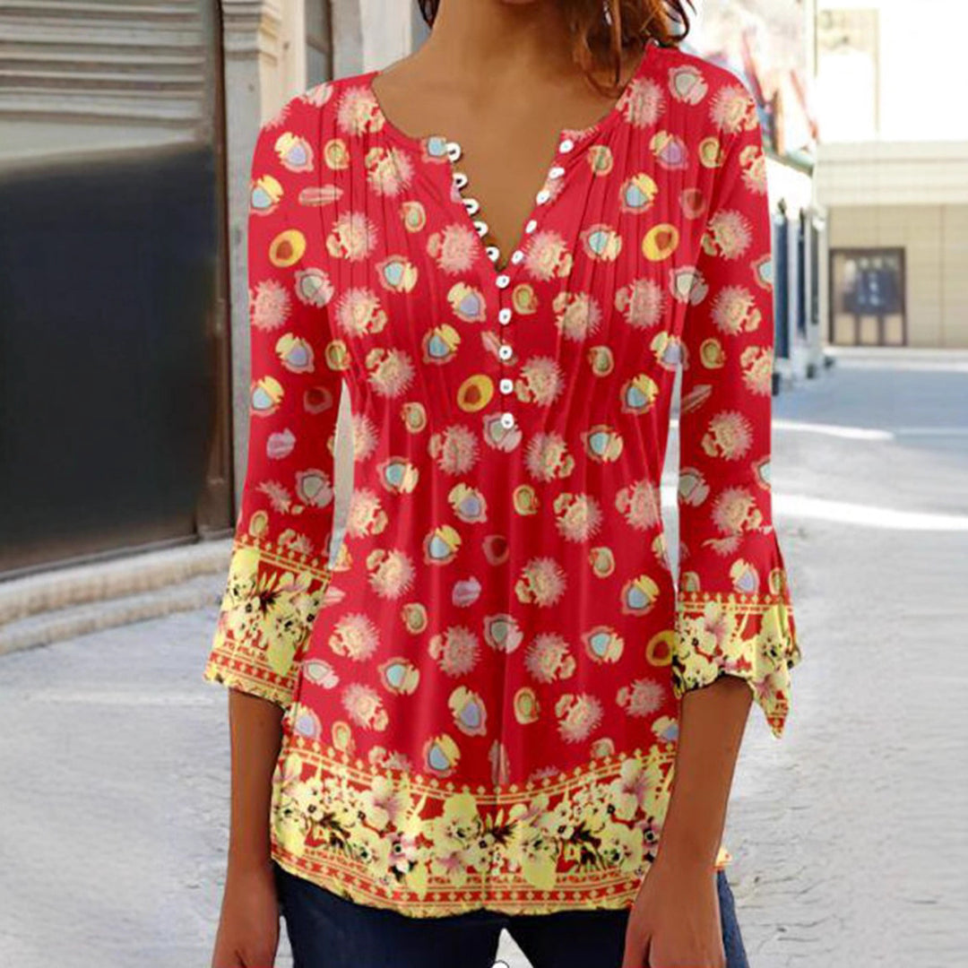 Damen nan leichte Boho-Bluse mit V-Ausschnitt, Zierfalten, Knopfleiste und dreiviertelärmeln Drune