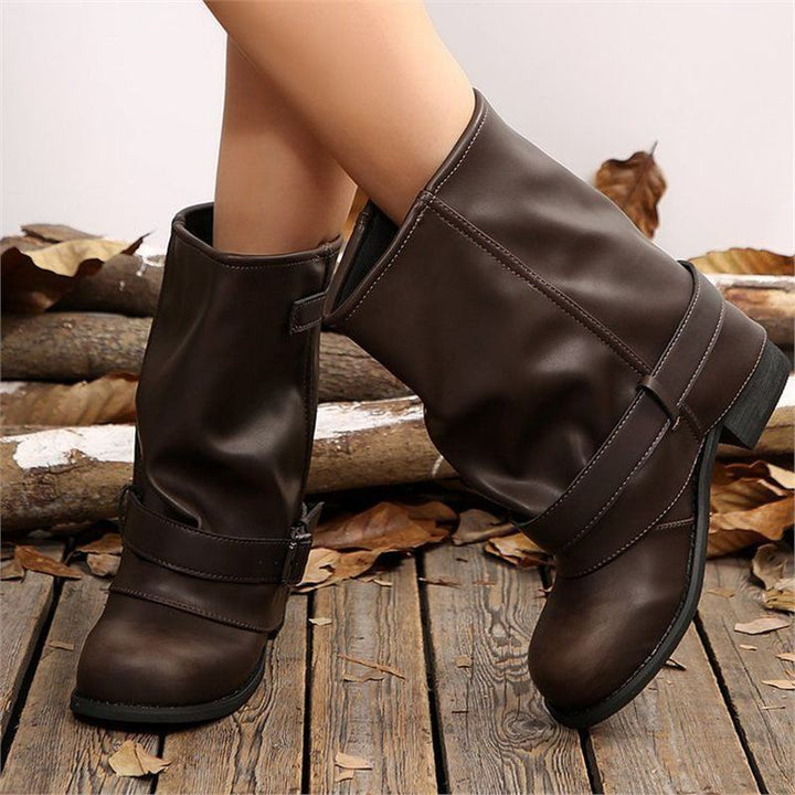 Damen Biker-Stiefel mit lässig geschlagenem Schaft, Schnallenriemen und niedrigem Blockabsatz Drune