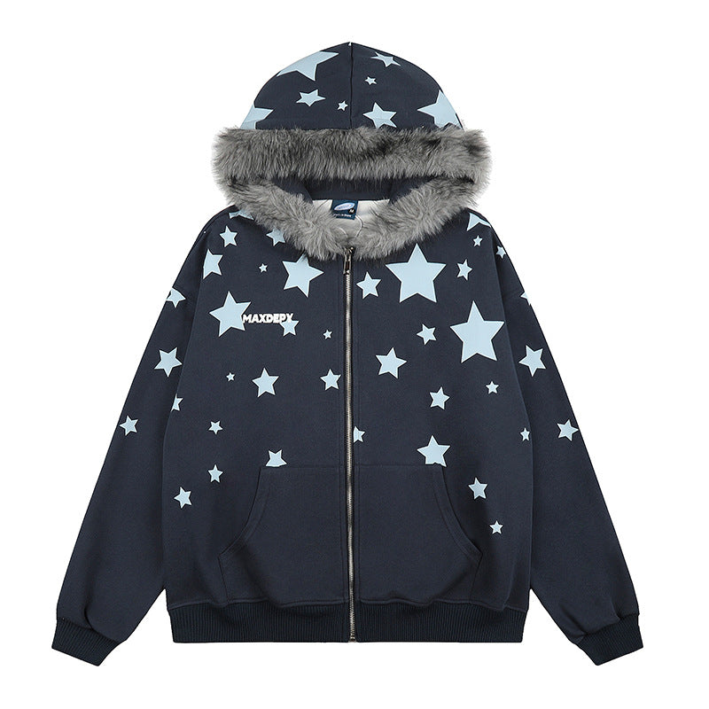 Damen Oversize Kapuzen‑Sweatjacke mit Sternen‑Allover, Kunstfellbesatz und durchgehendem Reißverschluss Drune