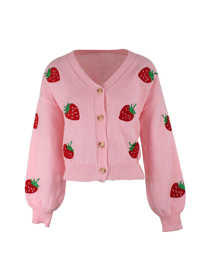 Damen verspielter Strickcardigan mit Erdbeerstickerei Drune