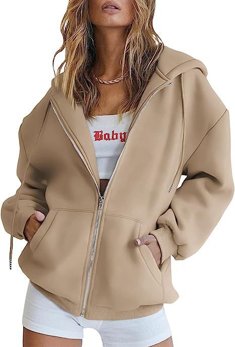 Damen nan oversized Kapuzenjacke mit durchgehendem Reißverschluss Kängurutaschen und weichem Sweatmaterial Drune