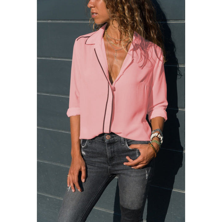 Damen Elegante Bluse mit Kontrastpaspel, V‑Ausschnitt und krempelbaren Ärmeln Drune