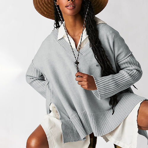 Damen lässiger V-Ausschnitt Pullover mit strukturierten Ärmeln und Oversized-Schnitt Drune
