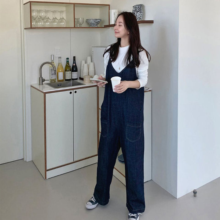 Damen Oversized Denim-Latzhose mit weitem Bein und Eingrifftaschen Drune