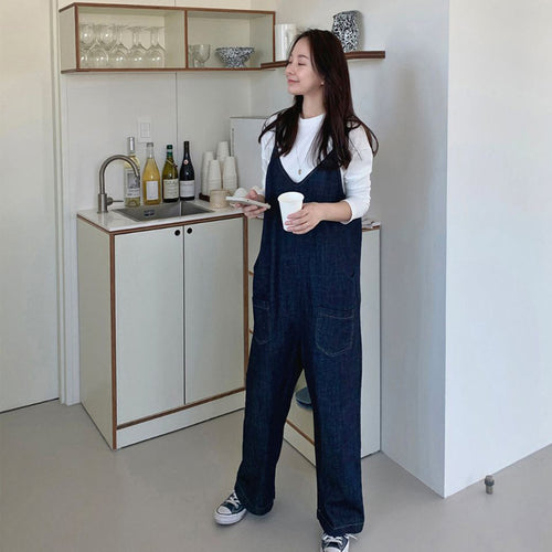 Damen Oversized Denim-Latzhose mit weitem Bein und Eingrifftaschen Drune