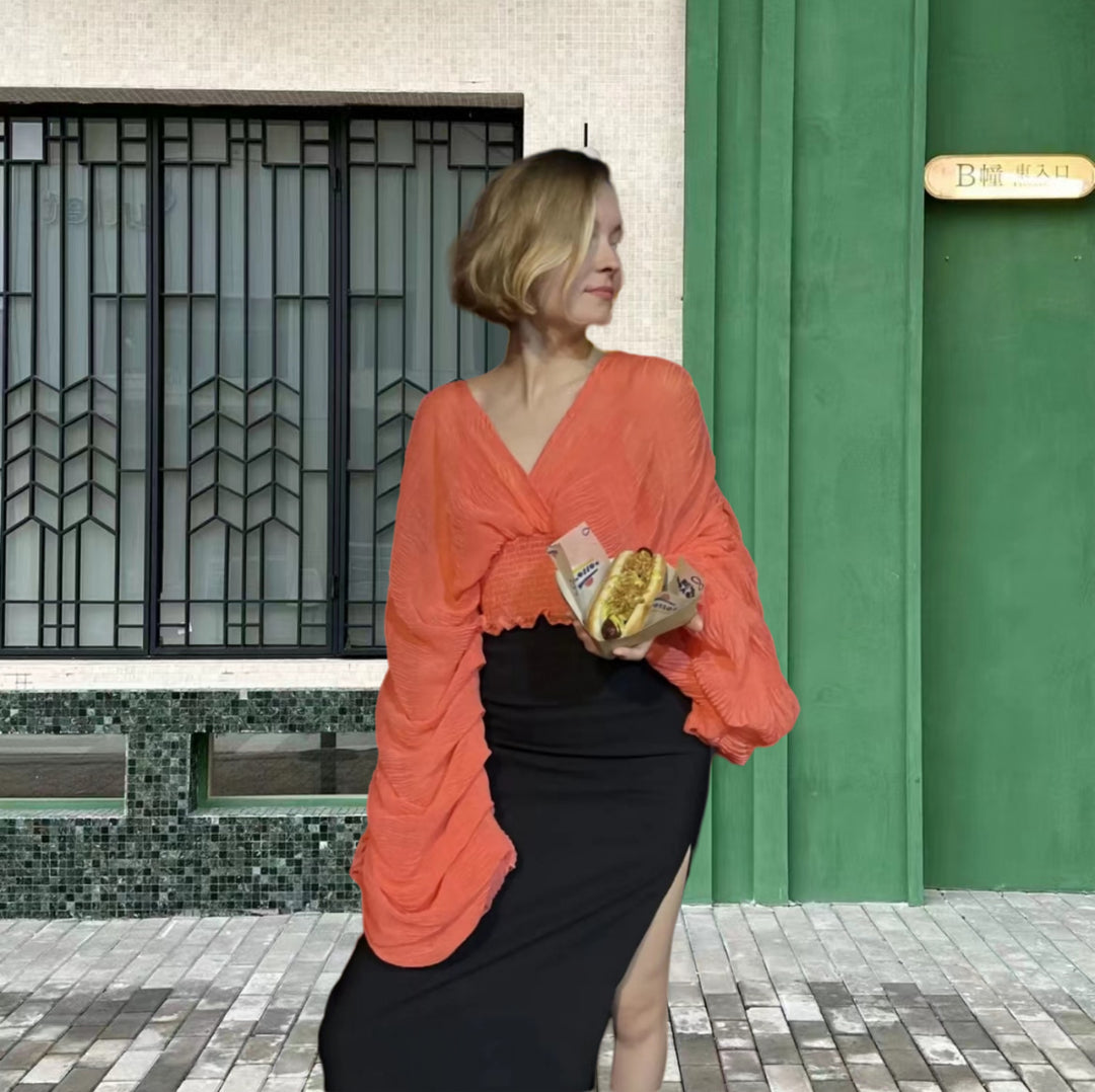 Damen Wickelbluse mit voluminösen Ärmeln und elegantem Design Drune