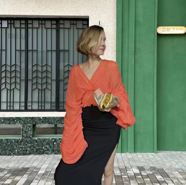 Damen Wickelbluse mit voluminösen Ärmeln und elegantem Design Drune