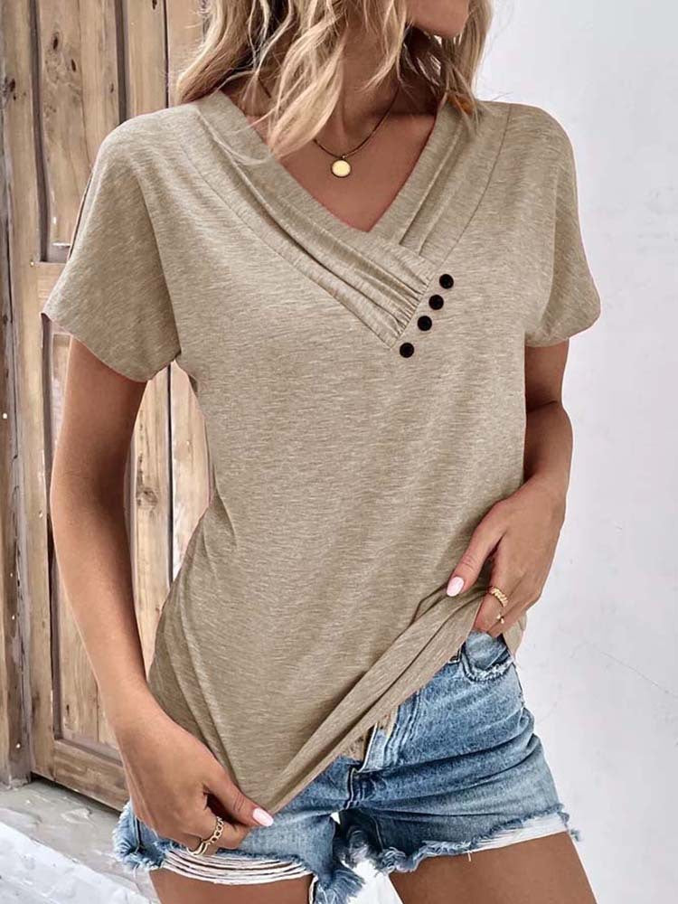Damen T-Shirt mit elegantem V-Ausschnitt und modischen Knopfdetails Drune