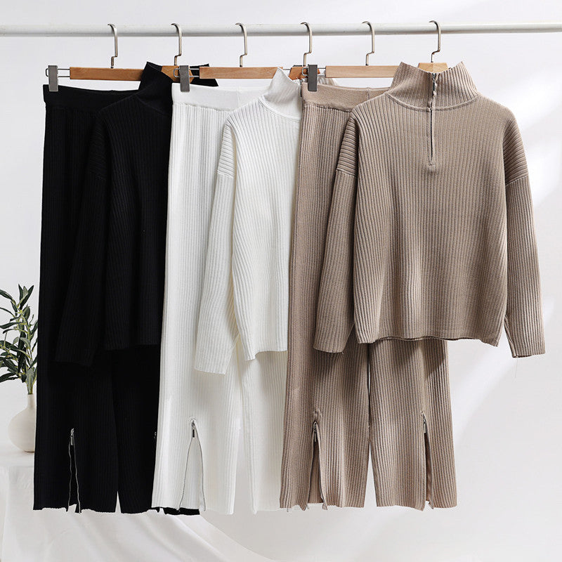 Damen lässiges Strickensemble mit hohem Kragen und seitlichen Schlitzen Drune