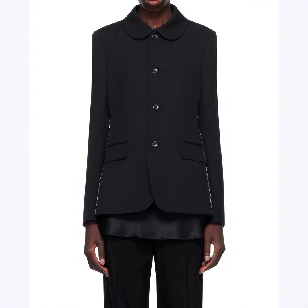 Damen Blazerjacke mit rundem Bubikragen, seitlichen Metallreißverschlüssen und Pattentaschen Drune