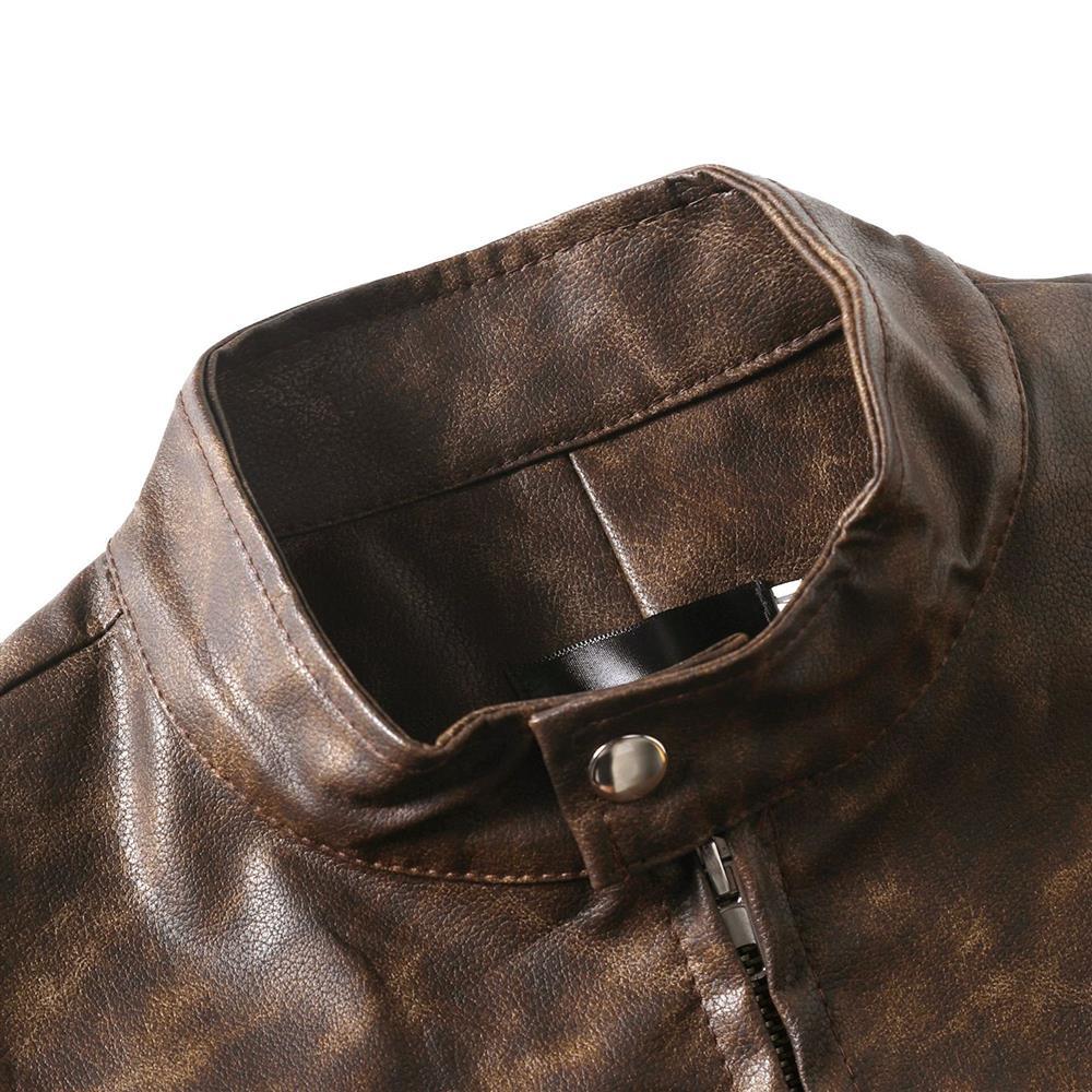 Herren Lederjacke im Vintage‑Look mit Stehkragen und Reißverschluss-Details Drune