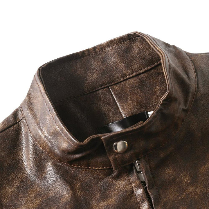 Herren Lederjacke im Vintage‑Look mit Stehkragen und Reißverschluss-Details Drune
