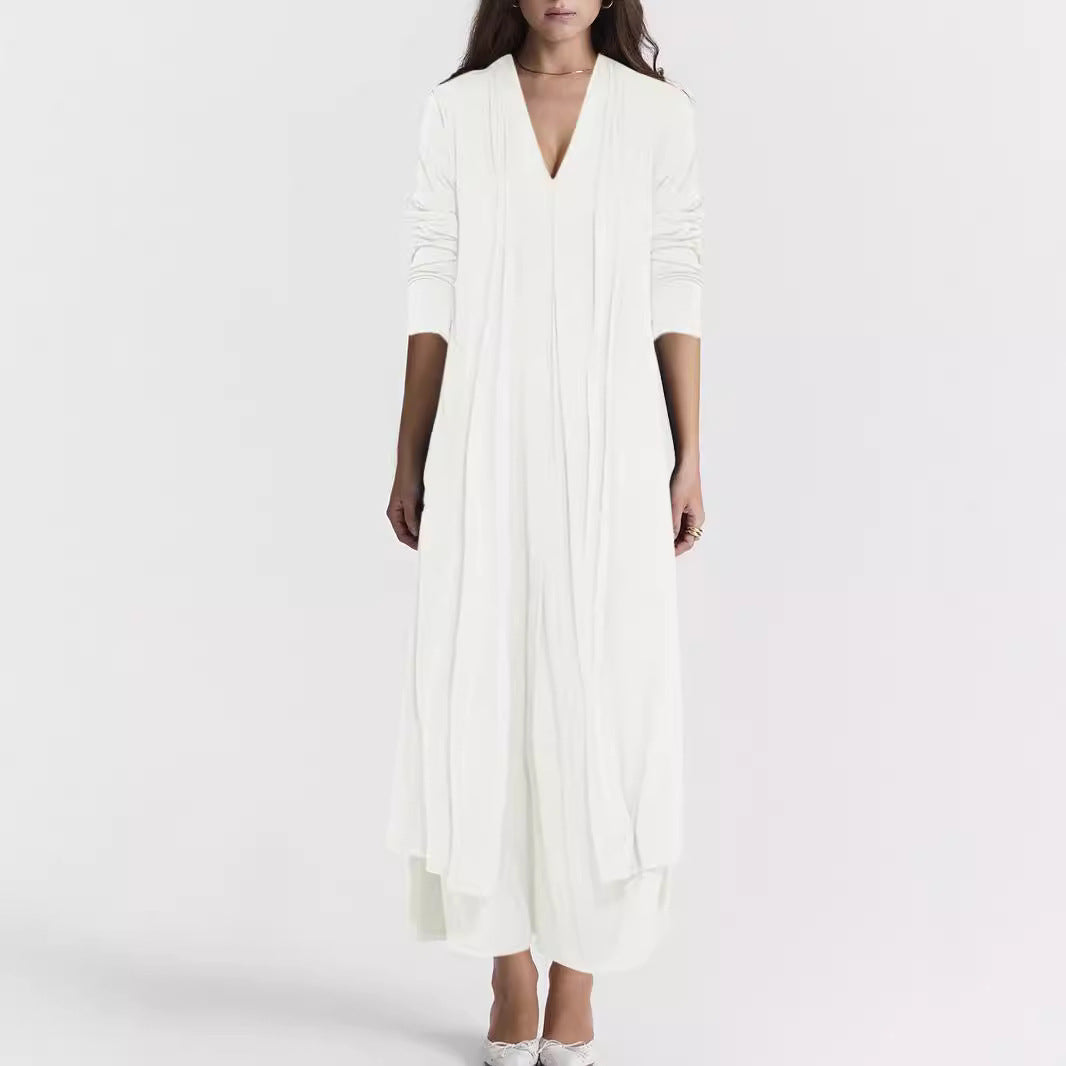 Damen Langer Offener Jersey-Cardigan mit Eingrifftaschen und fließender Drapierung Drune