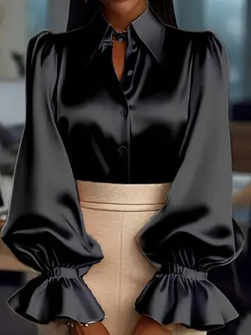 Damen elegante Seidenbluse mit Puffärmeln und schicker Knopfleiste Drune