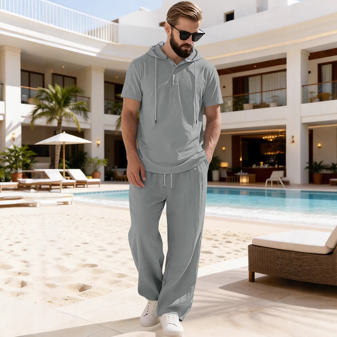 Herren nan lässiges Kurzarm-Kapuzenshirt im gekreppten Baumwollmix mit Henley-Knopfleiste Drune