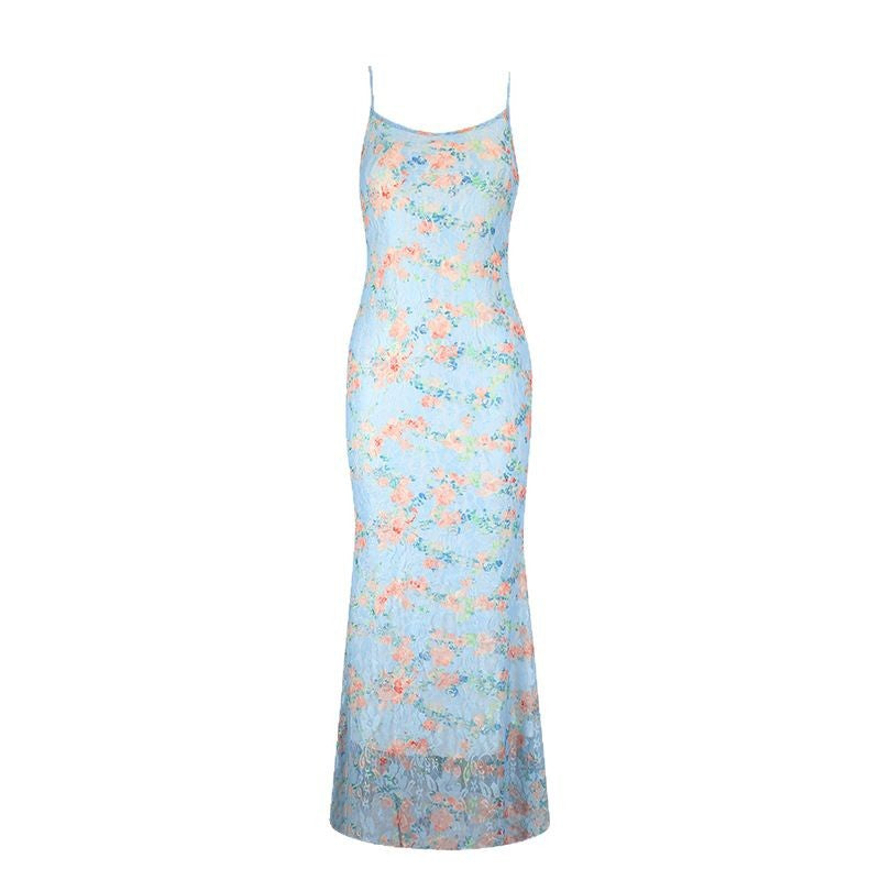 Damen Maxikleid mit feinem Blumenmuster und zarten Spagettiträgern Drune