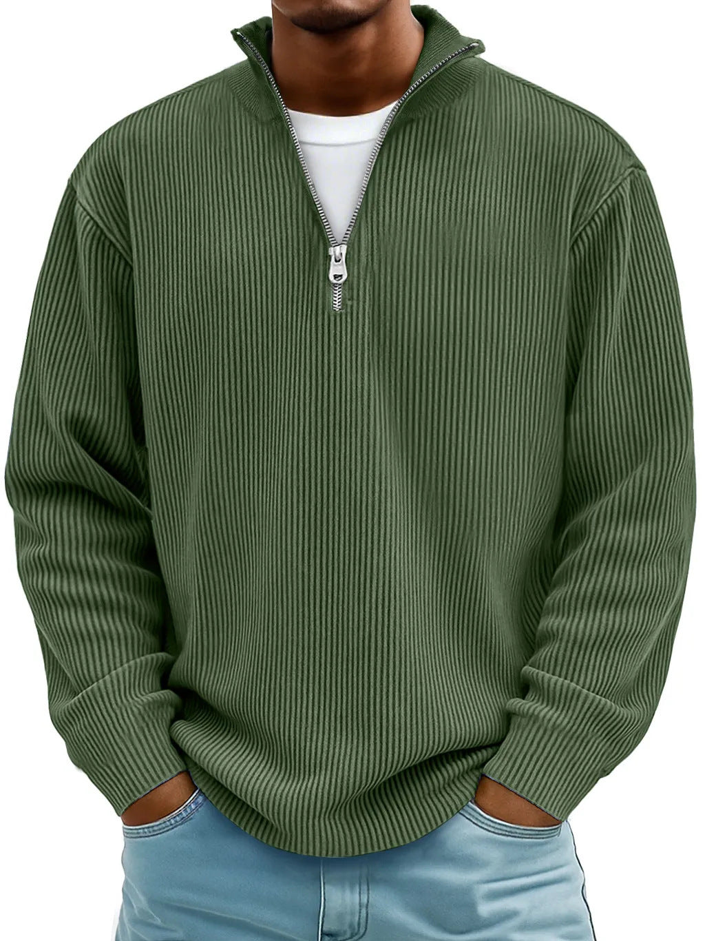 Herren nan gerippter Strickpullover mit halbem Reißverschluss und Stehkragen Drune