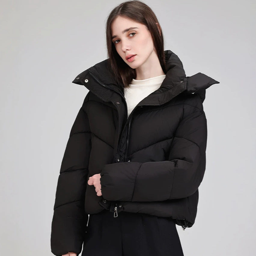 Damen Kurze Pufferjacke mit voluminösem Stehkragen und abnehmbarer Kragenkapuze Drune