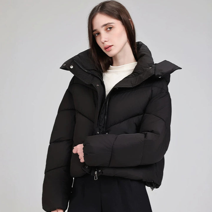 Damen Kurze Pufferjacke mit voluminösem Stehkragen und abnehmbarer Kragenkapuze Drune