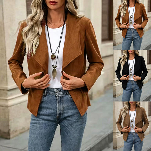Damen Kurzblazer in Velourslederoptik mit Wasserfallkragen und taillierter Silhouette Drune