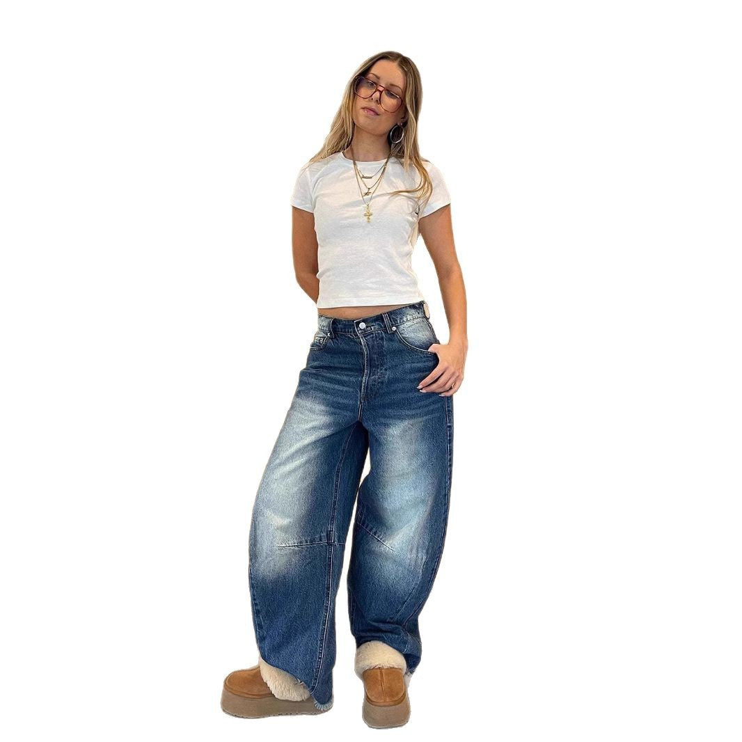 Damen nan weite Baggy-Jeans mit tiefer Schrittnaht, markanten Knieabnähern und verstärktem Five‑Pocket‑Schnitt Drune