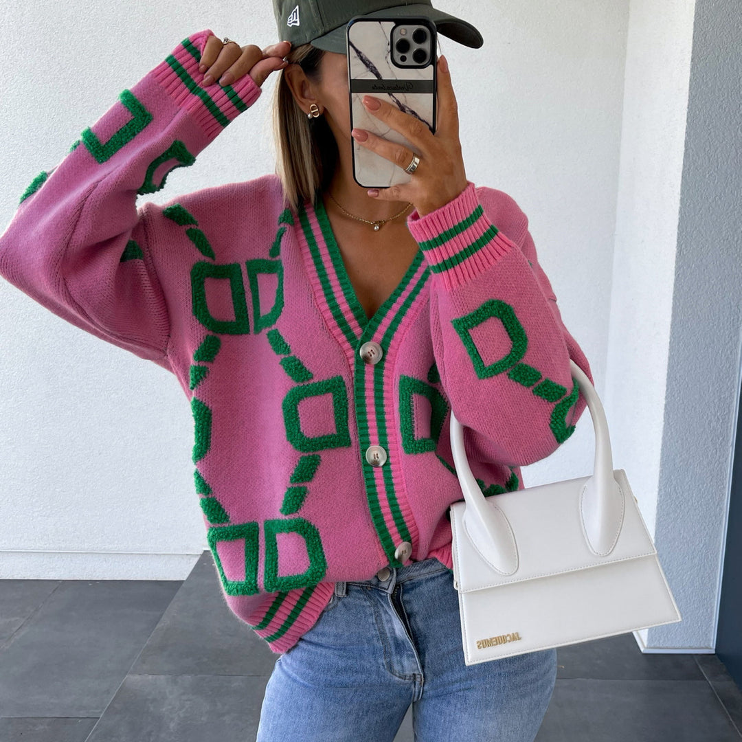 Damen Grobstrick-Cardigan mit 3D-Strukturmotiv, V‑Ausschnitt und Knopfleiste Drune