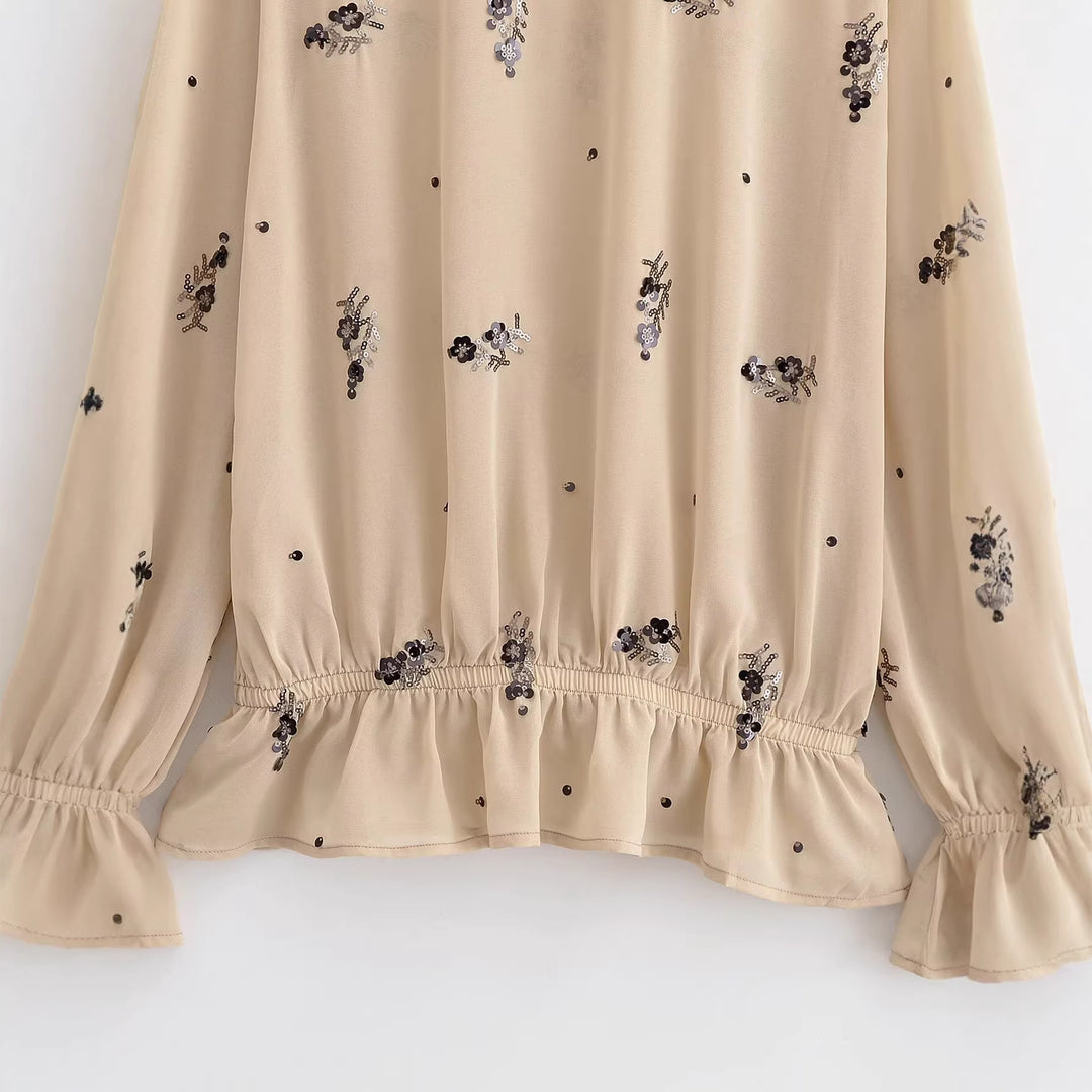 Damen Chiffonbluse mit floraler Pailletten-Stickerei, Stehkragen und geraffter Taillenpasse Drune