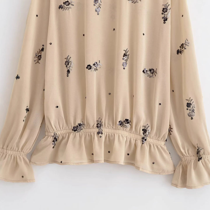 Damen Chiffonbluse mit floraler Pailletten-Stickerei, Stehkragen und geraffter Taillenpasse Drune