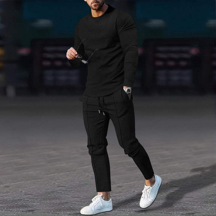 Herren nan modernes Lounge-Set aus feinem Stretchjersey mit Rundhals-Longsleeve und tapered Cargo-Jogger Drune