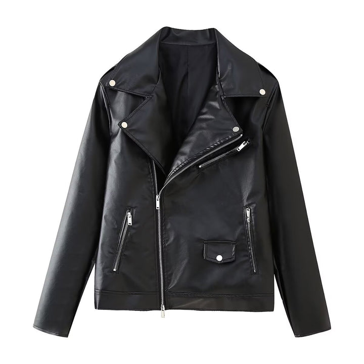 Damen Kunstleder Bikerjacke mit asymmetrischem Reißverschluss und dekorativen Zipperdetails Drune