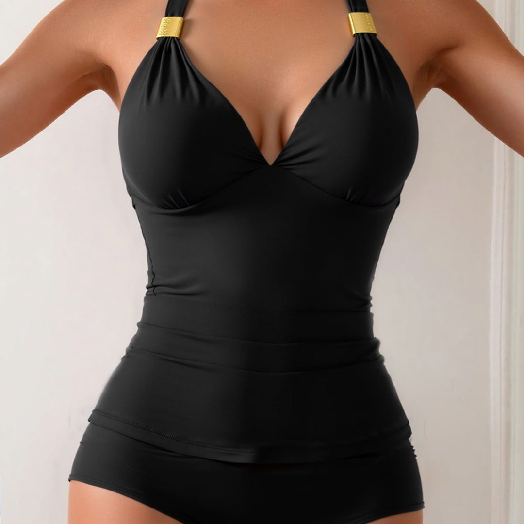 Damen Eleganter Tankini mit Halterneck und Goldakzenten Drune