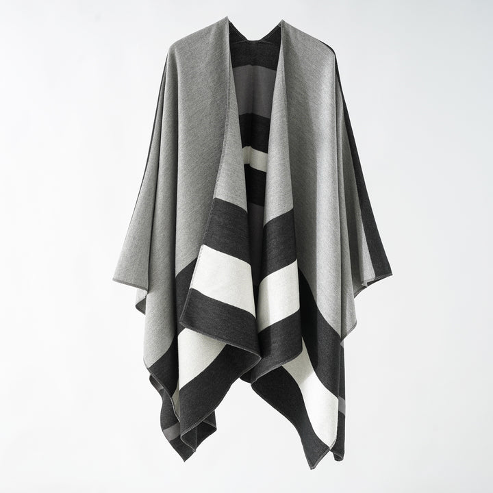Damen Oversize-Ruana im Cape‑Stil aus Wolloptik mit geometrischen Blockstreifen Drune