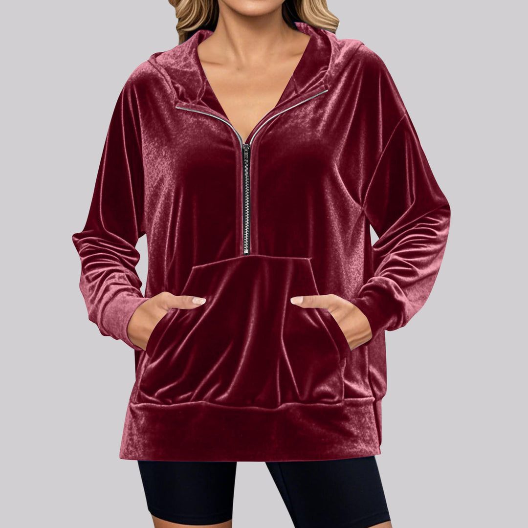 Damen Lässiger Velvet Hoodie mit praktischem Reißverschluss und Kängurutasche Drune