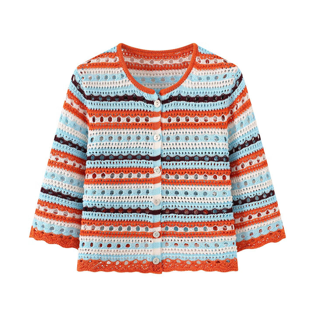 Damen Häkel-Cardigan mit Lochmuster, gestreifter Struktur und Dreiviertelärmeln Drune