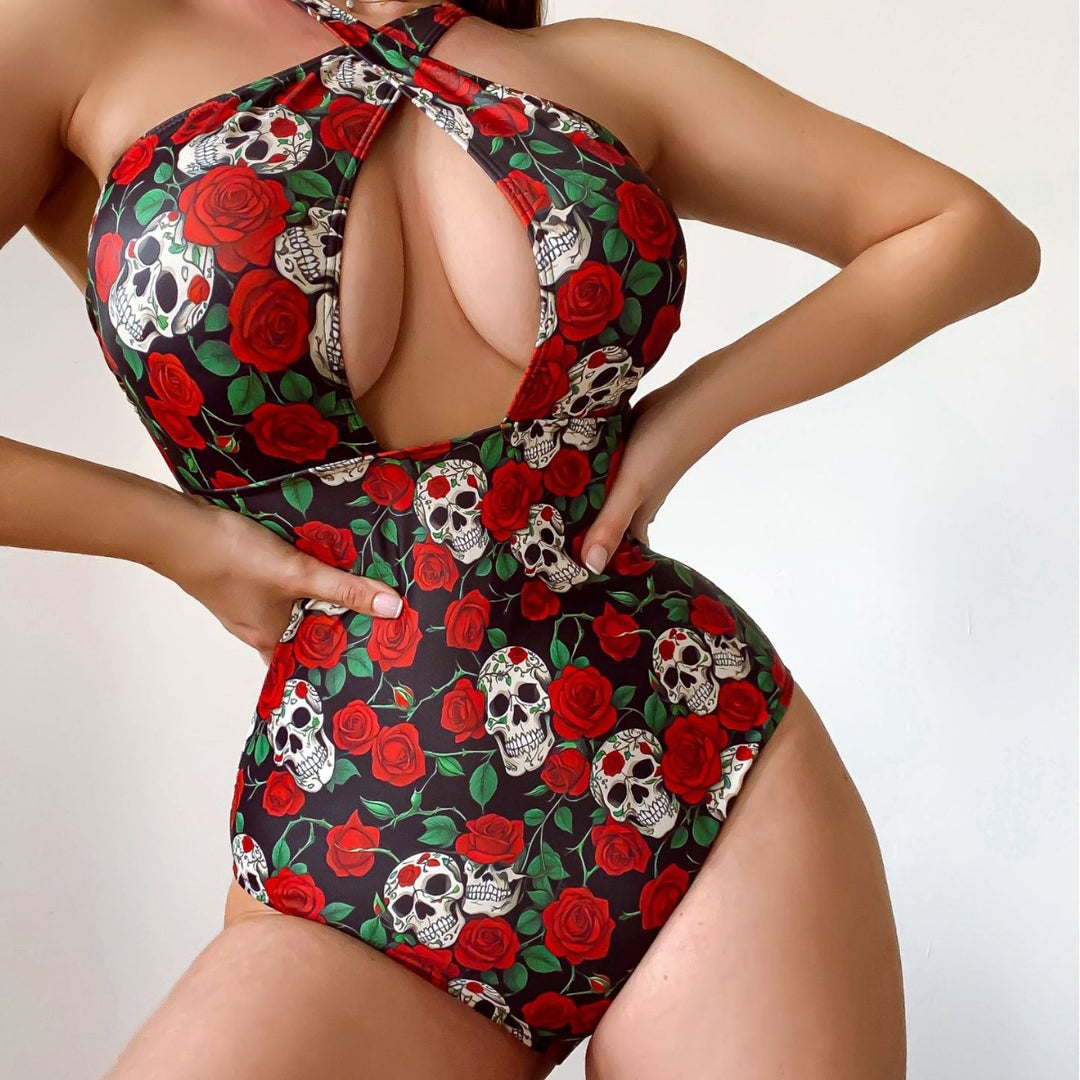 Damen Einteiler Badeanzug mit attraktivem Schnitt und floralen Elementen Drune
