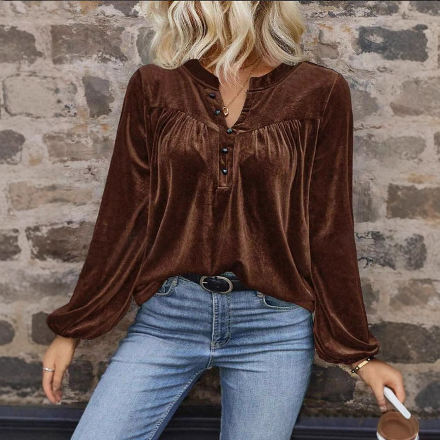 Damen Samtsweatshirt mit Henley-Knopfleiste, geraffter Brustpasse und lockerer Silhouette Drune